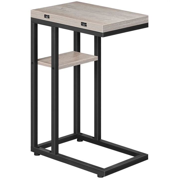 Space-Saving C-Shaped End Table with Storage Pocket and Foldable- Greige