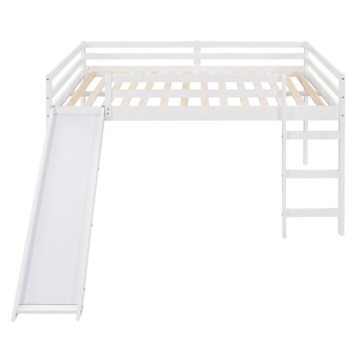 Whisen Full Loft Bed with Slide, Multifunctional Design- White