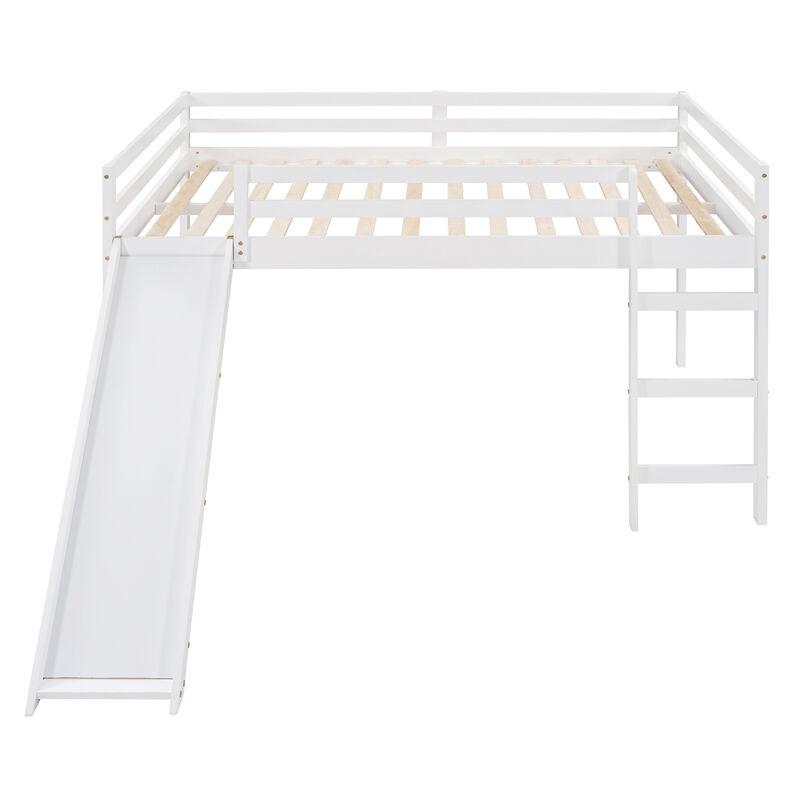 Whisen Full Loft Bed with Slide, Multifunctional Design- White