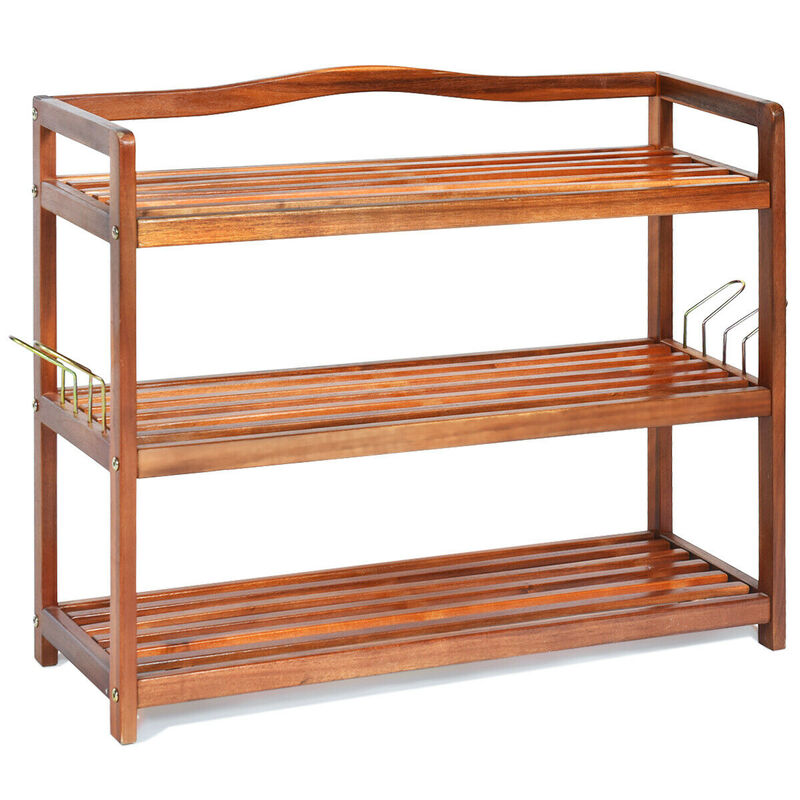 3-Tier Acacia Wood Shoe Rack with Side Metal Hooks for Easy Storage