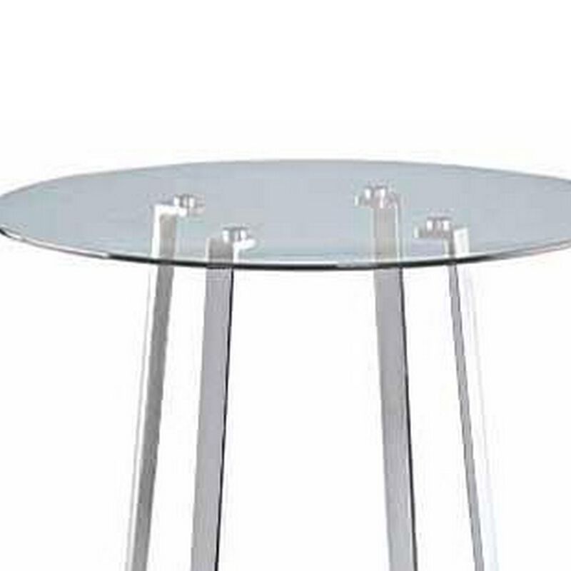 32 Inch Round Bar Table, Tempered Glass Surface, Modern Angled Chrome Legs  - Benzara