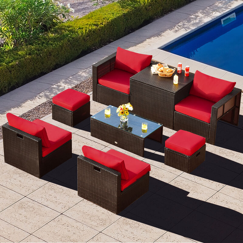 8-Piece Patio Rattan Furniture Set with Storage Box and Waterproof Cover, Outdoor Set