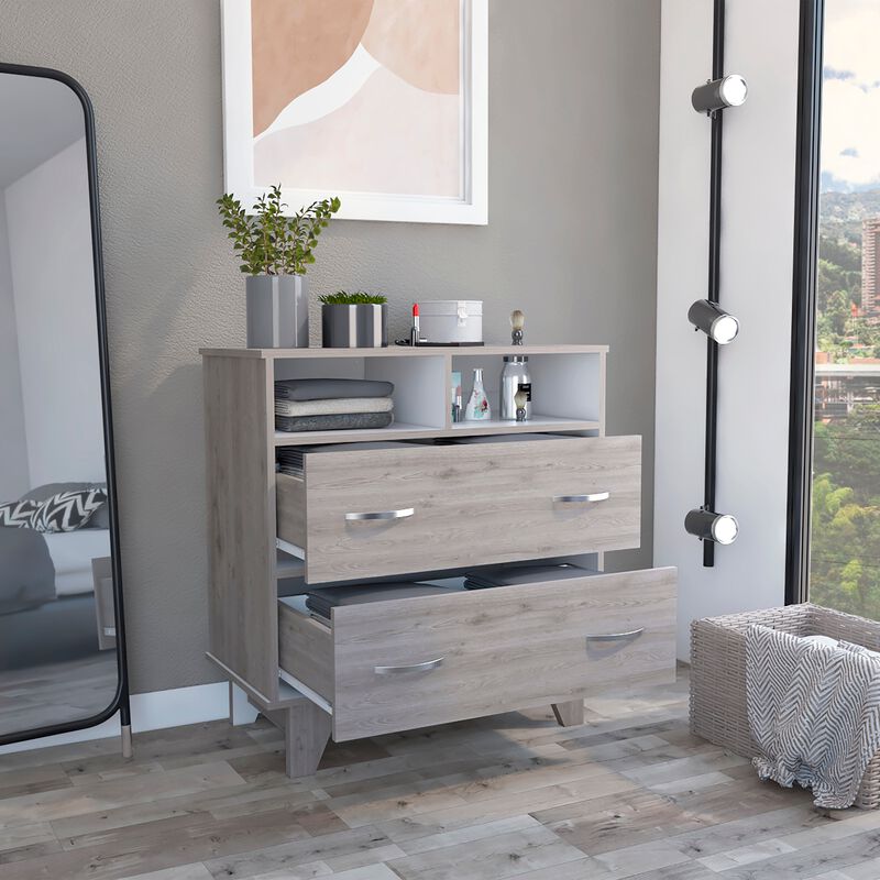 Portanova Two Drawer Dresser, Two Open Shelves, Superior Top,  Four Legs -Light Gray / White