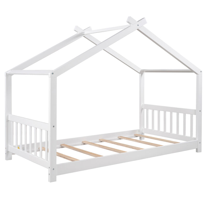 Twin Size House Platform Bed with Headboard and Footboard, Roof Design