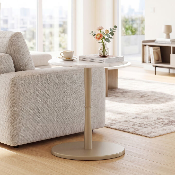 Small Round Marble End Table with Wooden Base for Living Room and Bedroom