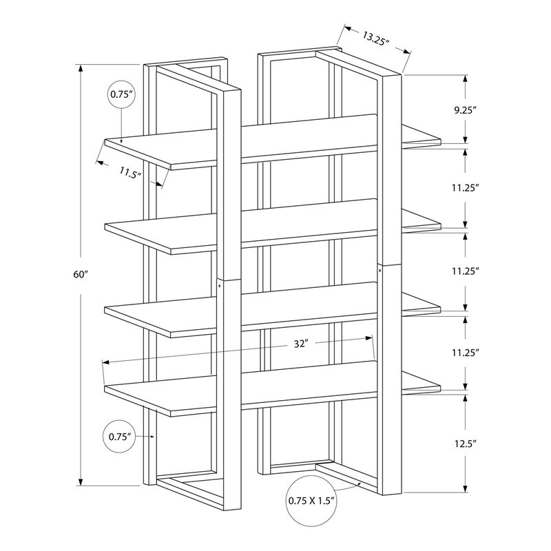 Monarch Specialties I 7237 Bookshelf, Bookcase, Etagere, 4 Tier, 60"H, Office, Bedroom, Metal, Laminate, Brown, Black, Contemporary, Modern