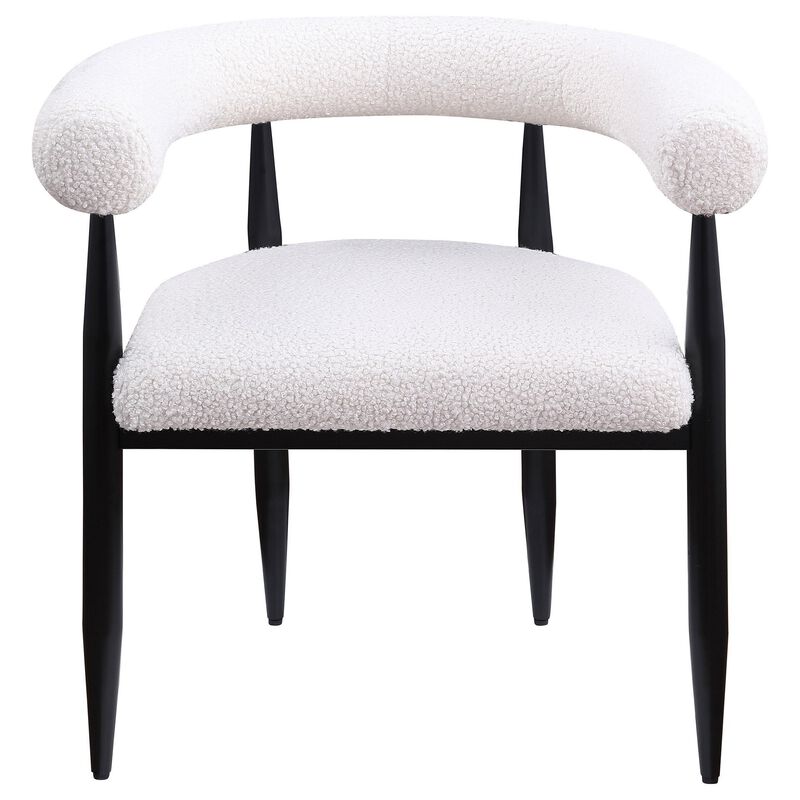 Noris Dining Chair Set of 2, White Fabric C-Shaped Back, Black Metal - Benzara