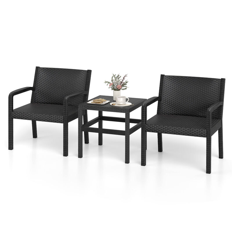 Black 3-Piece Outdoor Patio Set with 2 Rattan Armchairs and Square Side Table image number 3