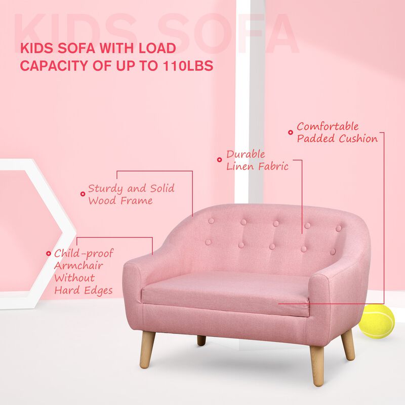2-Seat Kids Sofa Linen Fabric and Wooden Frame Sofa for Kids and Toddlers Ages 3-6, 11" High Seat, Pink