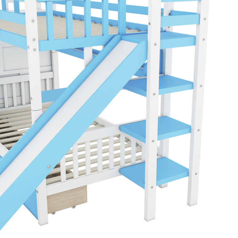 Twin Over Twin Castle Style Bunk Bed With 2 Drawers 3 Shelves And Slide