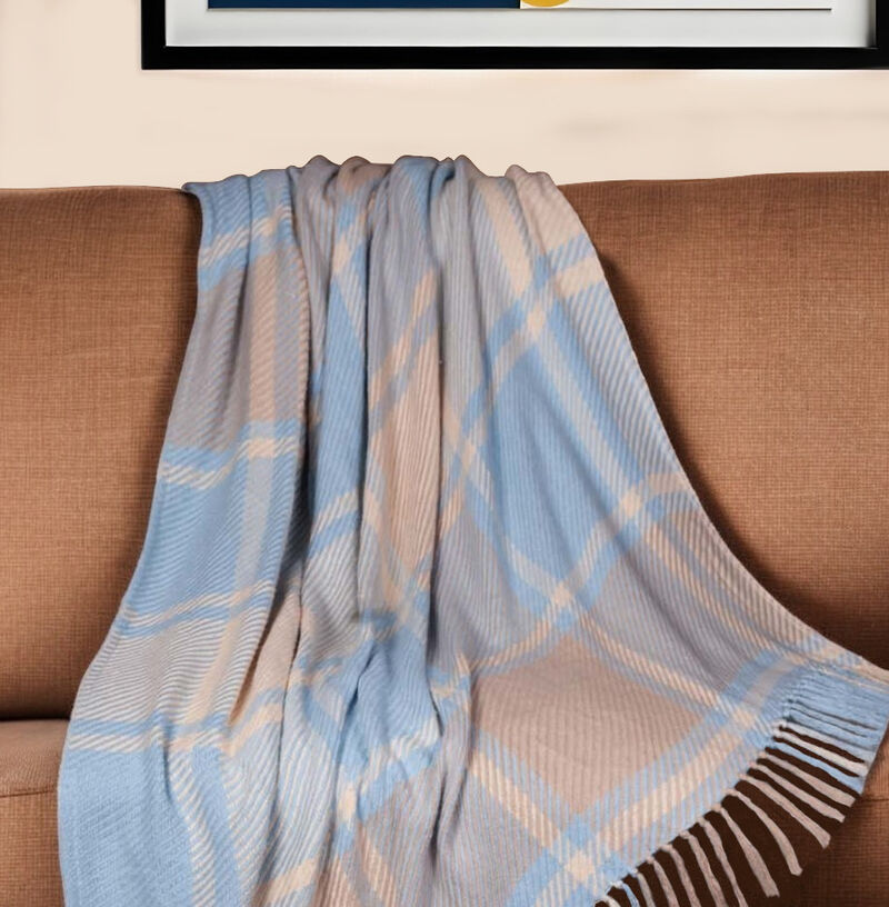 HomeRoots 50" X 60" Blue Gray and Beige Woven Cotton Plaid Throw Blanket with Fringe image number 1