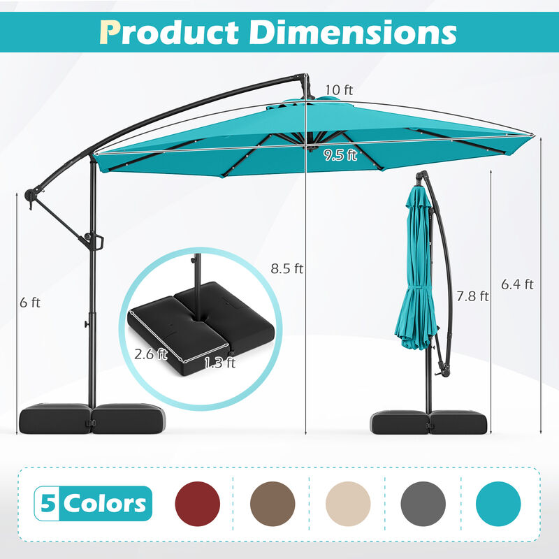Solar Offset Umbrella with 32 LED Lights &ndash; Hanging Patio Shade with Base