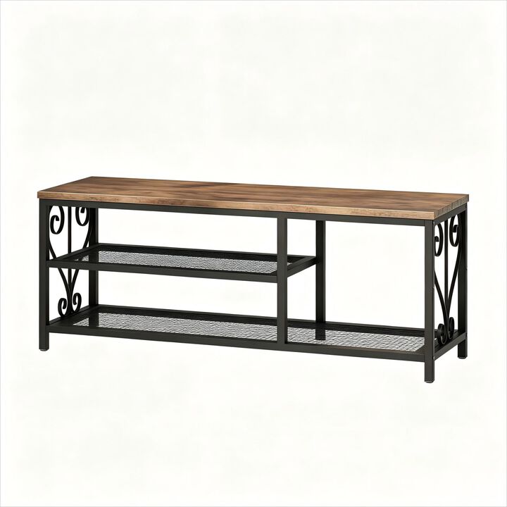 Shoe Bench with Shoe Rack, 47.2" L Entryway Bench with Seating, 2-Tier Shoe Organizer with Rustic Wood Top & Metal Frame for Entryway