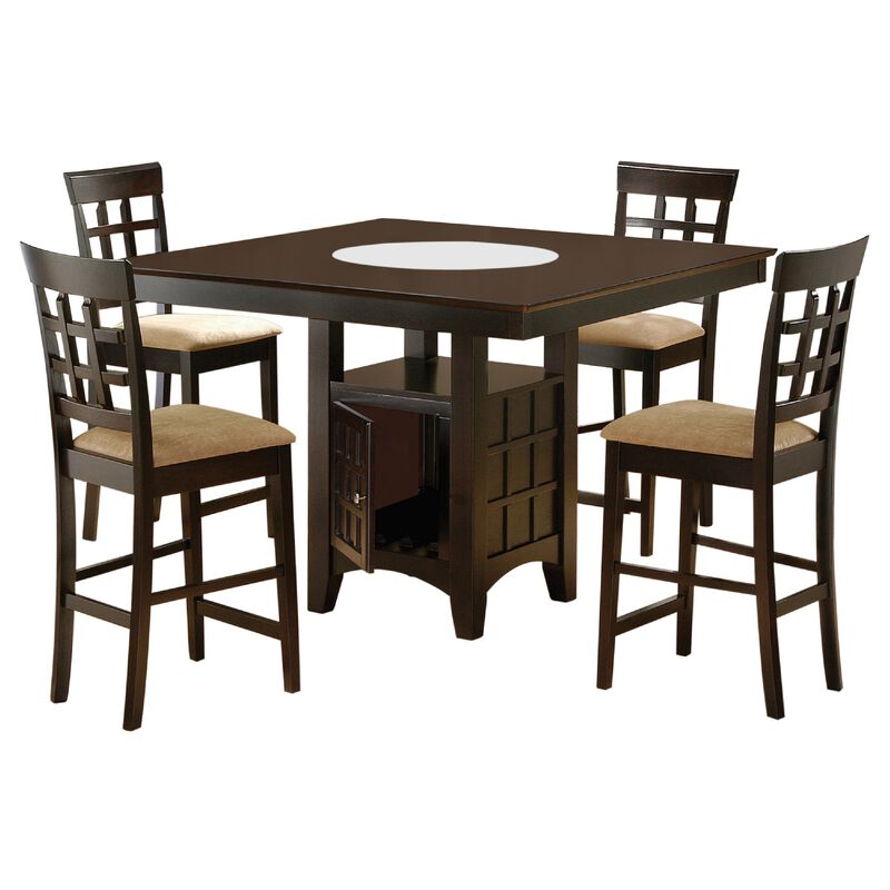 Uric Counter Height Dining Table w Wine Storage, 4 Lattice Chairs, Brown - Benzara