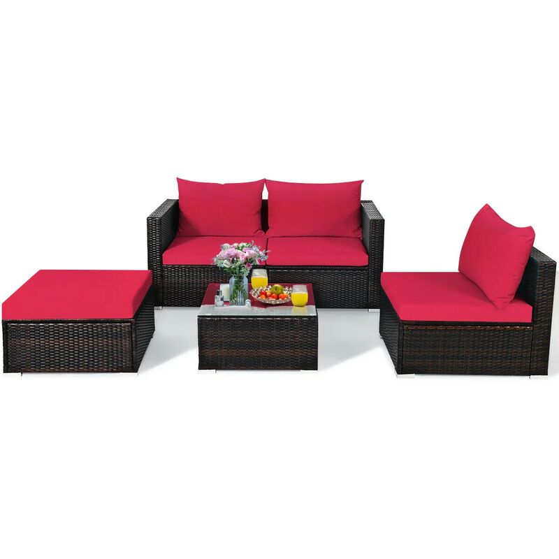 Mondawe 5 Pieces Patio Rattan Sectional Furniture Set with Cushions and Coffee Table
