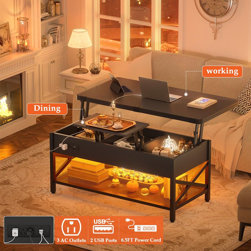 Aheaplus Coffee Table Lift Top Multi-Function Coffee Table Converts to Dining Table, with LED Light and Power Outlet, Center Tab