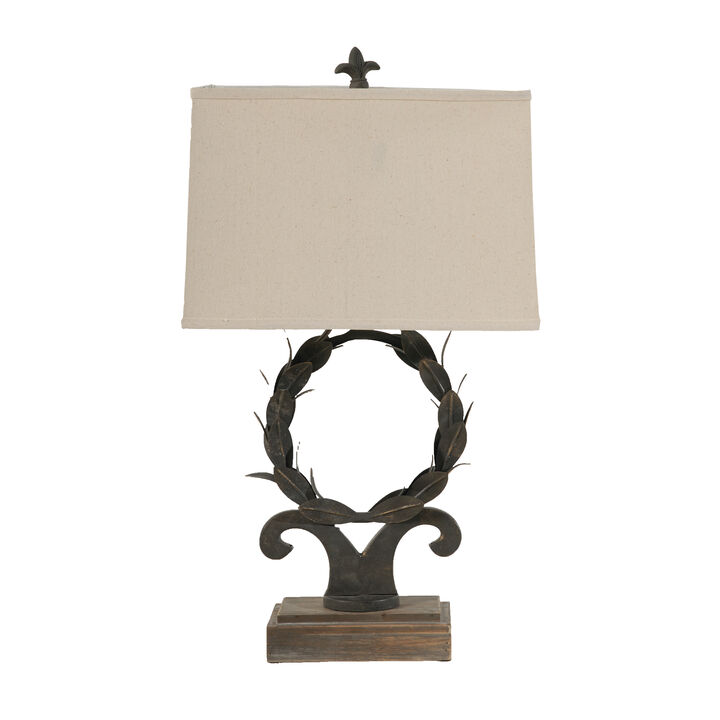 26 Inch Artisanal Table Lamp, Laurel Wreath Iron Frame, Off White, Black - Benzara
