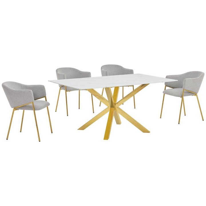 Best Quality Furniture 5Pc Rectangle Marble Wrap Tempered Glass Dining Table 4 Linen Gray Side Chairs
