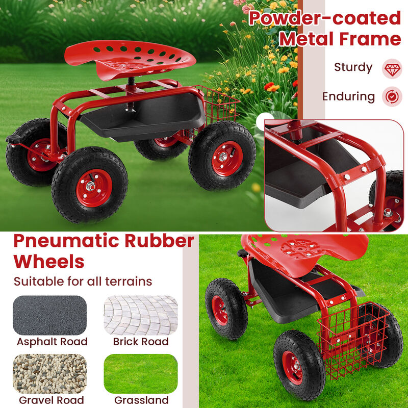 4-Wheel Rolling Garden Cart with Adjustable Work Seat for Yard and Lawn Tasks