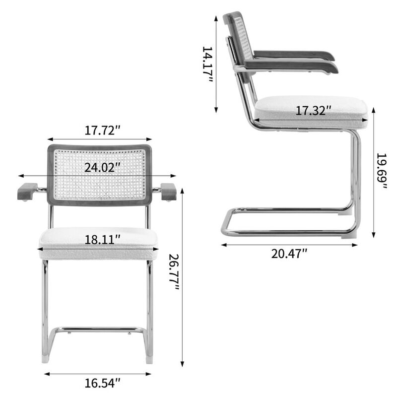 Glamour Home Set of 2 White Boucle Fabric Dining Chair Rattan Backrest and Chrome Legs