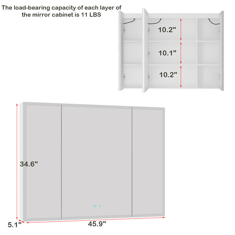 FUFU&GAGA Adjustable 3-Color LED Lighted Mirror Cabinet with Defogger Function and Built-in Storage Shelves, Independent Anti-Fog Switch, (45.9 in. W x 5.1 in. D x 34.6 in. H), White