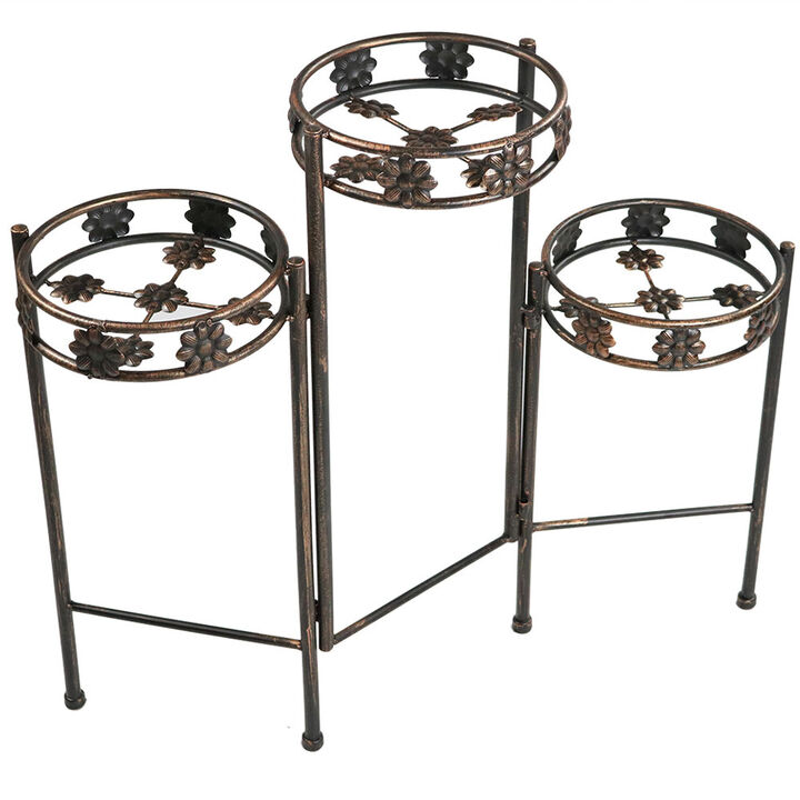 Sunnydaze Bronze Painted Metal 3-Tier Staggered Folding Plant Stand - 29 in