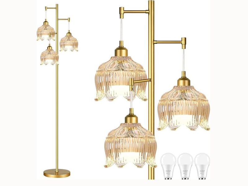 Vintage Flower Floor Lamp &ndash; 3-Light Gold Tree Design, Glass Shades, 68" Tall