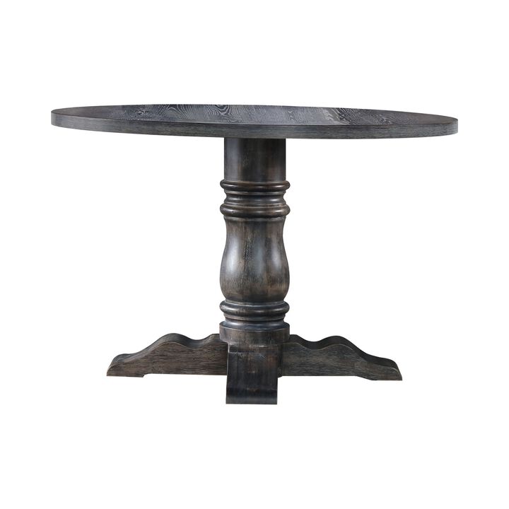 Wooden Round Dining Table With Heavy Pedestal Feet, Weathered Gray-Benzara