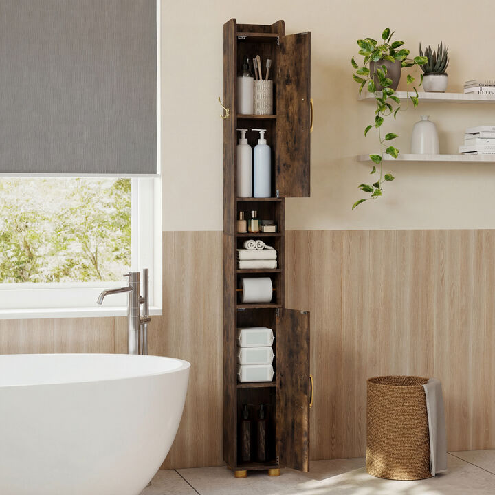 Freestanding Narrow Bathroom Cabinet with Open Shelves and Toilet Paper Holder