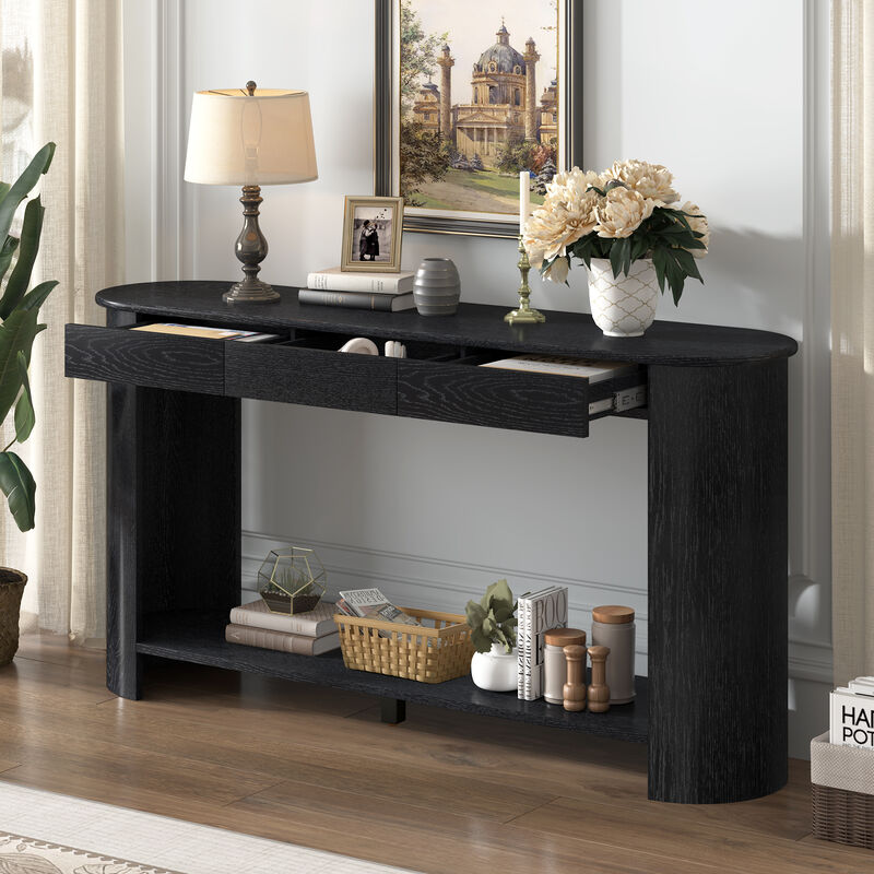 Whisen 59.8" Console Table, Modern Farmhouse with 3 Drawers & Shelf, Oak Veneer Sofa Table for Entryway Living Room Hallway image number 3