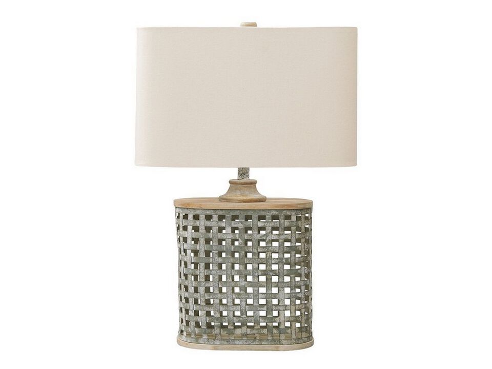 Metal Table Lamp with Lattice Design Body and Hardback Shade,Gray and Beige-Benzara