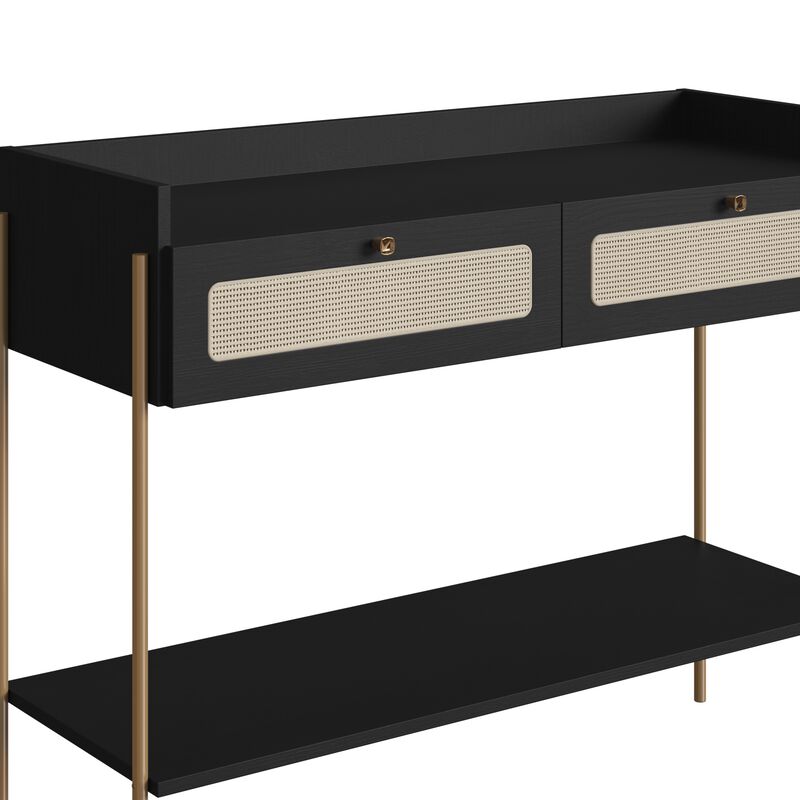 Boho Console Entry Table Iron Gold Legs and Rattan 2-Drawer -Nero Black