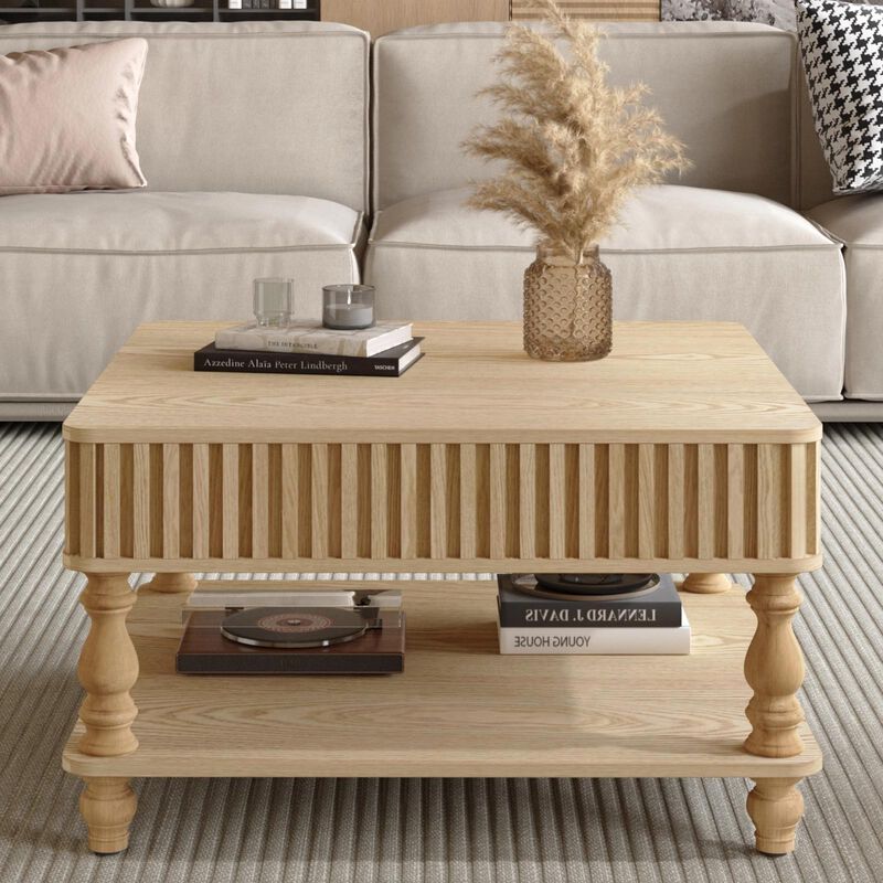31.5 Inch Modern Square Lift-Top Coffee Table with Hidden Storage Tray, Fluted Wood Design, Wooden Living Room Center Table image number 1
