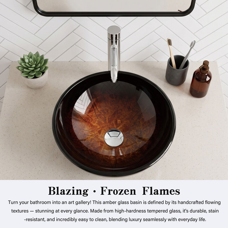 Round Ice‑Crackle Tempered Glass Vessel Sink, Art Textured Countertop Vanity Basin image number 3