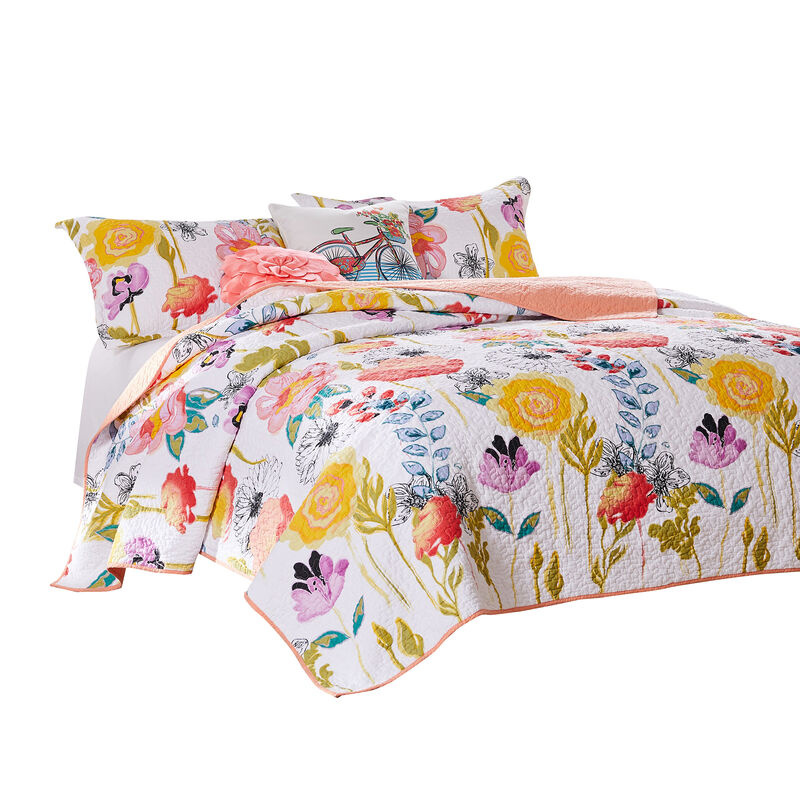 Mavi 4 Piece Reversible Twin Quilt Set, Spring Floral Print, Multicolor - Benzara