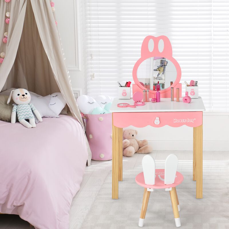 Kids Vanity Set Rabbit Makeup Dressing Table Chair Set with Mirror and Drawer