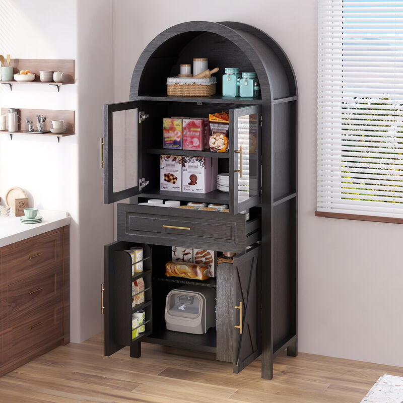 Merax Farmhouse Arched Glass Barn Door Pantry Cabinet - Adjustable Shelves & Built-In Racks image number 2