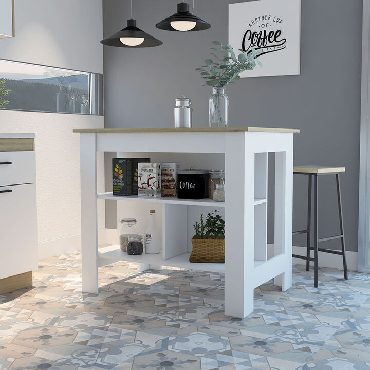 Streamdale Cala Kitchen Island, Four Legs, Three Shelves - White Light Oak