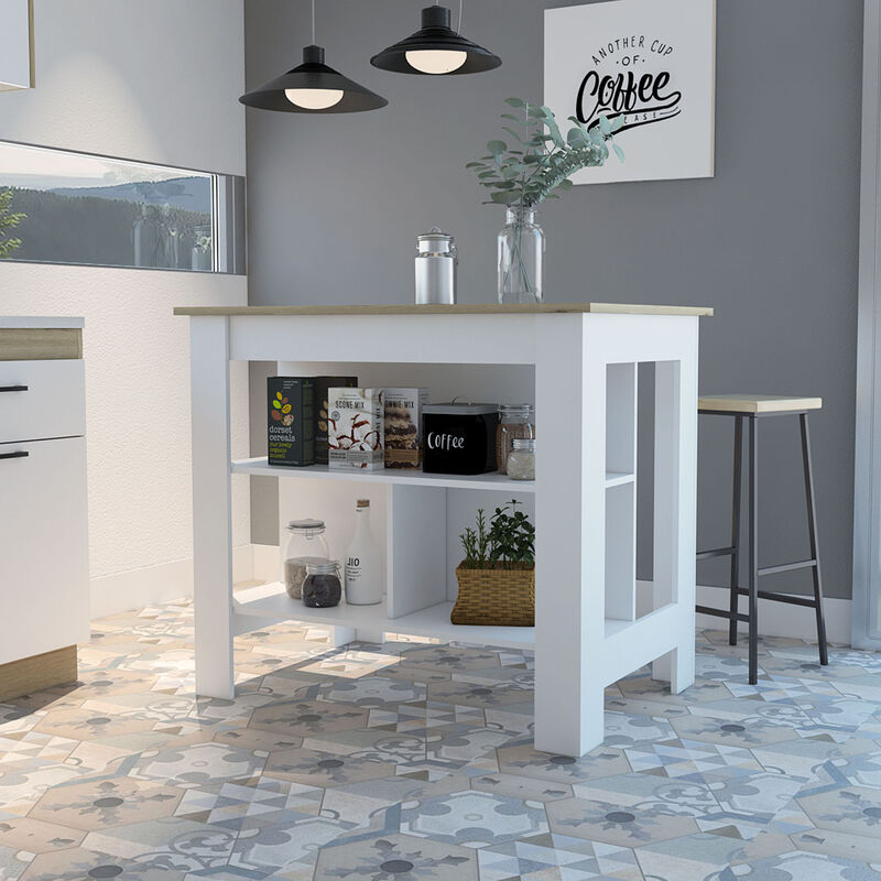 Streamdale Cala Kitchen Island, Four Legs, Three Shelves - White Light Oak image number 1