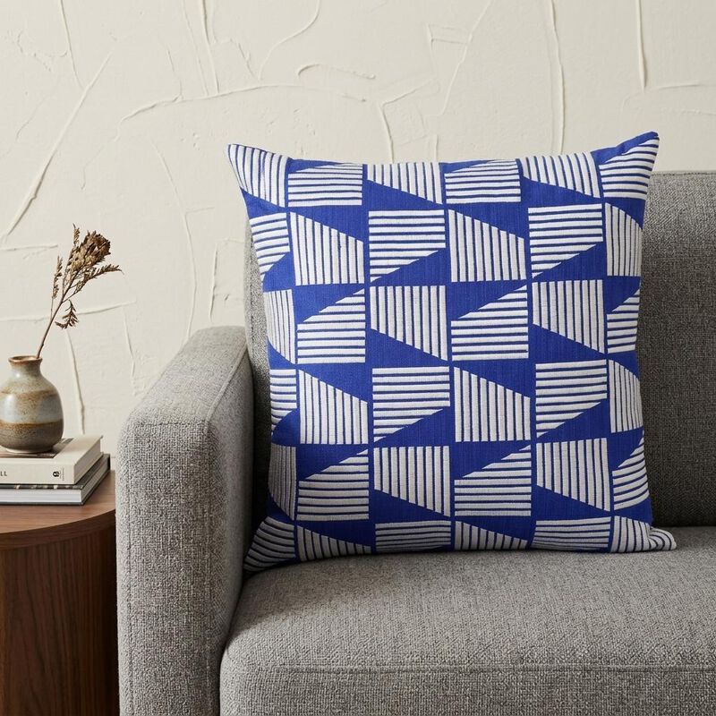 HomeRoots 18" Blue and White Geometric Cotton Throw Pillow With Embroidery image number 1