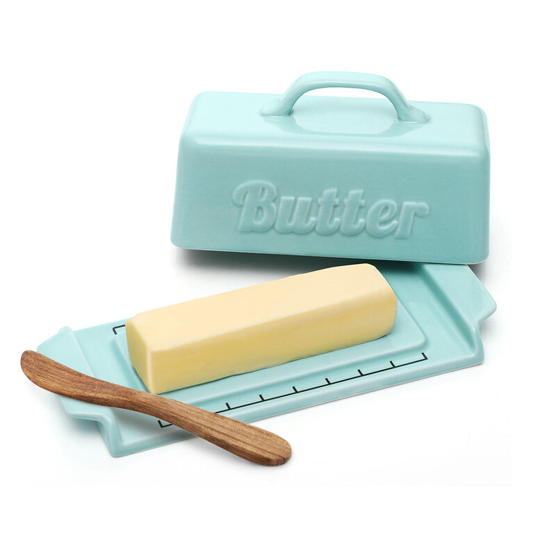 DOWAN Porcelain Butter Dish with Wooden Knife, with Handle, Groove Design, Perfect for Standard Butter Stick, Blue image number 1