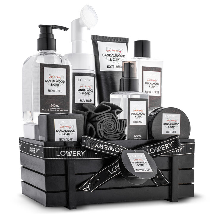 Luxury Spa Kit for Men - Sandalwood & Oak Scented Bath Gift Set & Shower Basket