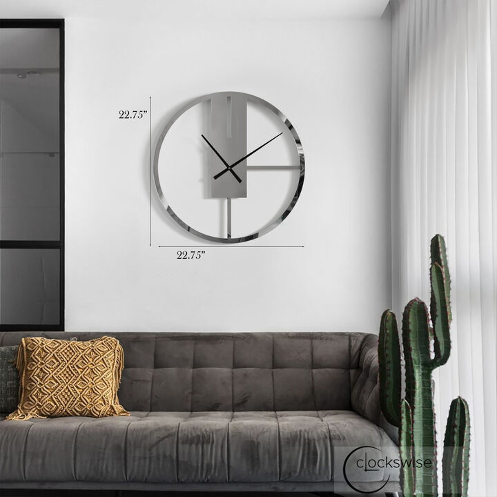 Modern Round Big Wall Clock with Mirror Face, Decorative Silver Metal 22.75” Oversize Timepiece for Entryway Office Living Room Bedroom or Kitchen, Hanging Supplies Included, Unique Elegant Home Decor