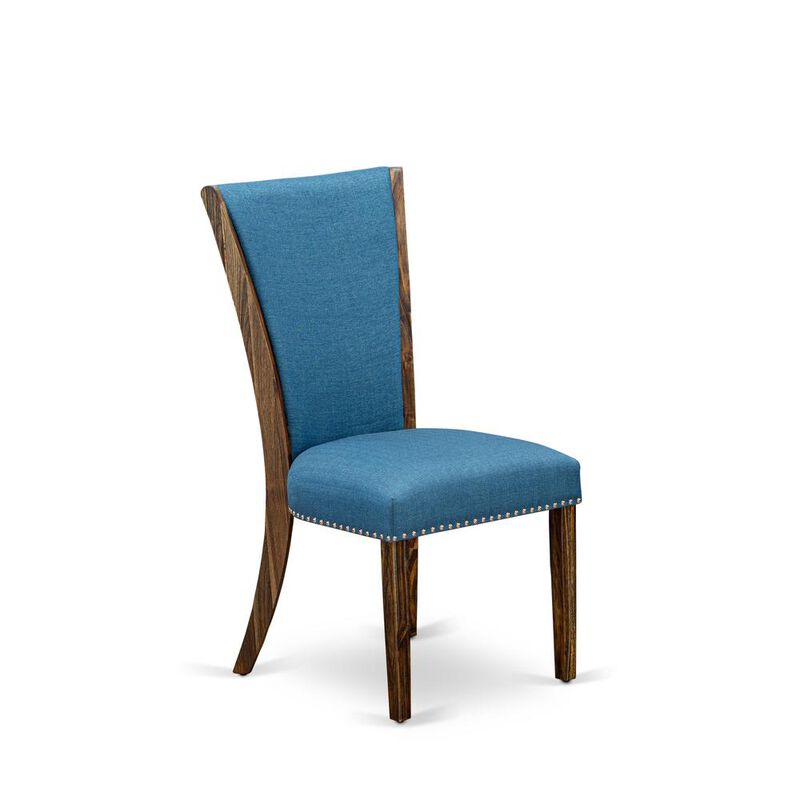 East West Furniture - Set of 2 - Upholstered Chair- Dining Chair Includes Distressed Jacobean Wood Frame with Blue Linen Fabric Seat with Nail Head and Stylish Back