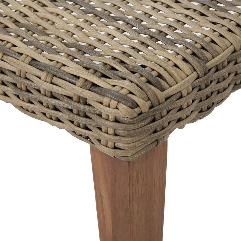 Bops Outdoor Ottoman, Gray Faux Rattan Wicker, Brown Acacia Wood - Benzara