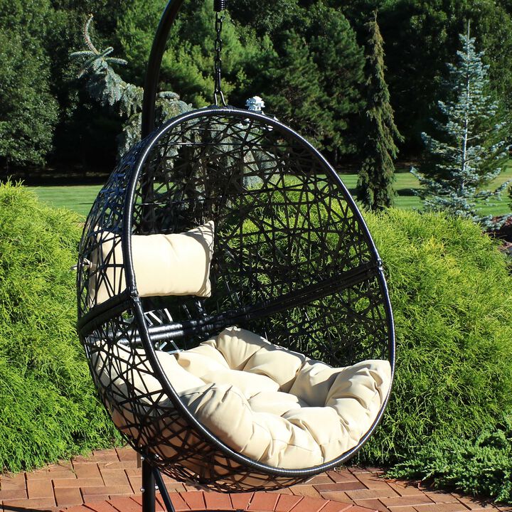 Sunnydaze Black Resin Wicker Round Hanging Egg Chair with Cushions - Yellow