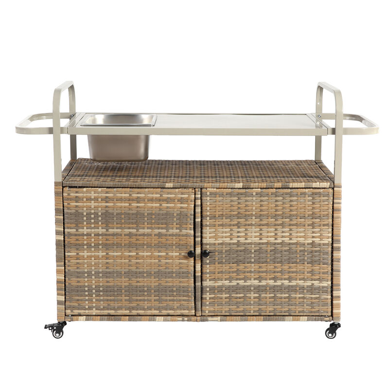 Mondawe Outdoor Wicker Bar Cart, Patio Serving Cart with One Ice Bucket, Lockable Wheels image number 0