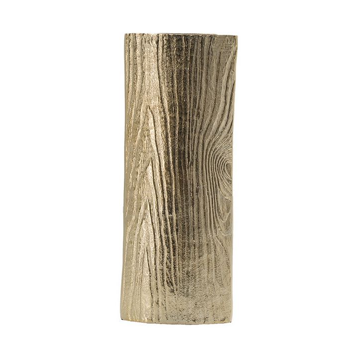 15 Inch Modern Vase, Naturalistic Tree Trunk Texture, Shiny Gold Finish - Benzara