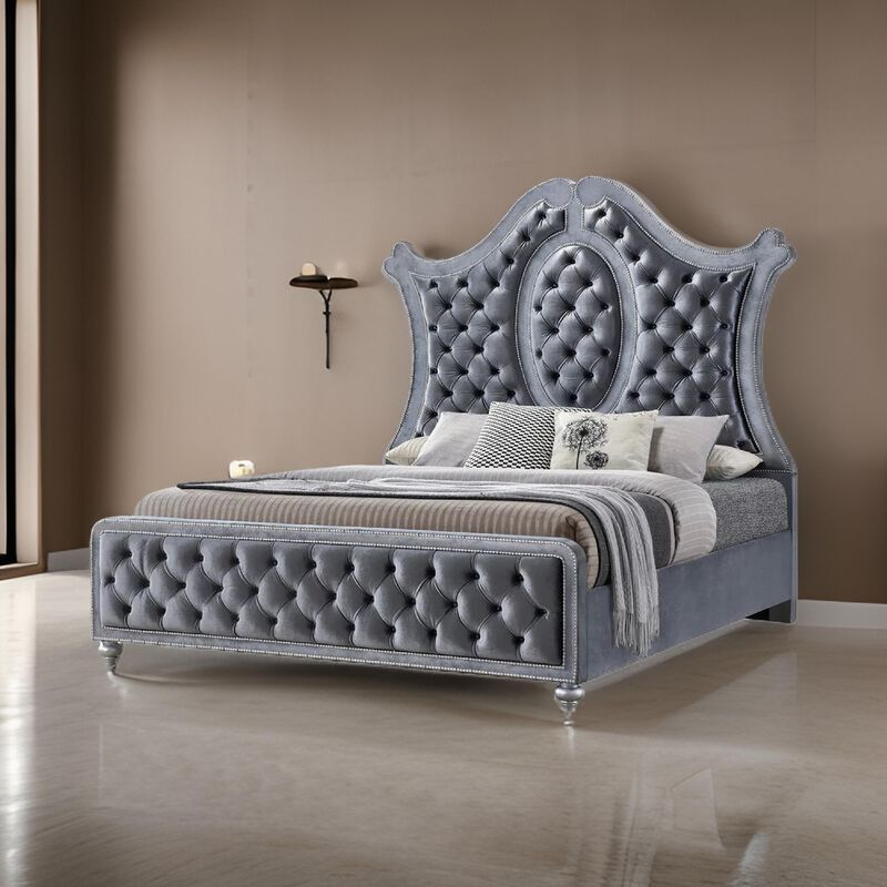 Rall Queen Size Bed, Curved Wood Headboard, Tufted Gray Fabric Upholstery