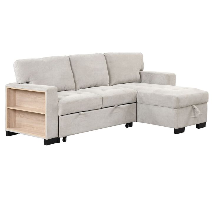 Stylish & Functional Light Chaise Lounge Sectional with Storage Rack, Pull-out Bed